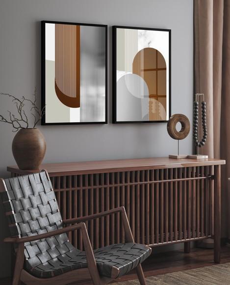 Kit 2 Quadros Decorativos Marrom Geométrico Moldura e Vidro