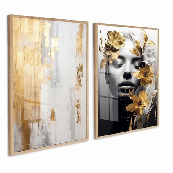 Kit 2 Quadros Decorativos Moderno Abstrato Mulher Gold Vidro