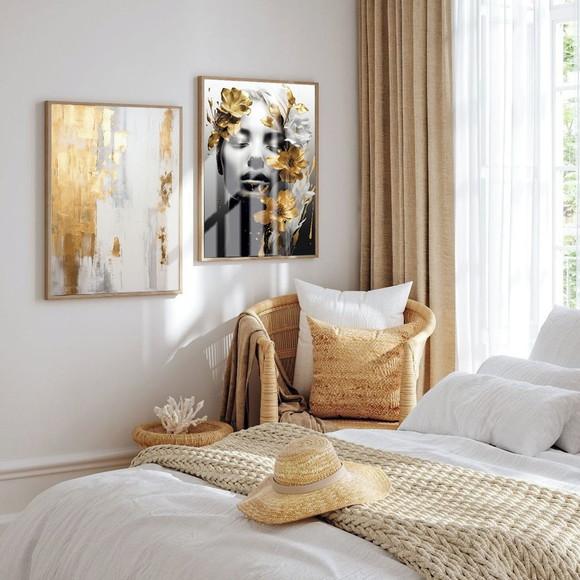 Kit 2 Quadros Decorativos Moderno Abstrato Mulher Gold Vidro