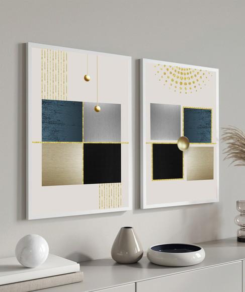 Kit 2 Quadros Decorativos Moderno Geométrico Dourado Moldura