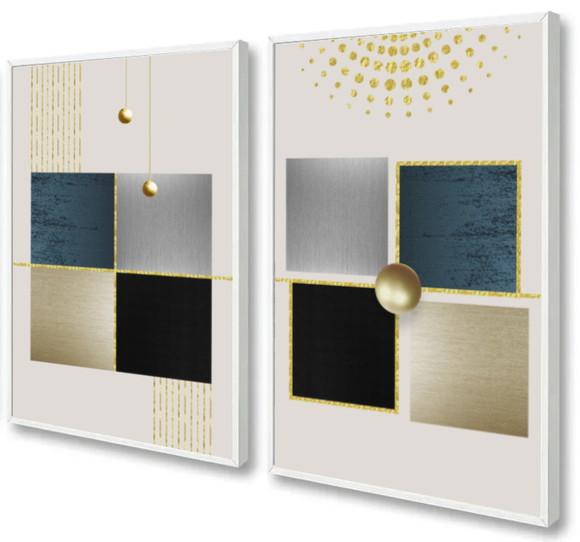 Kit 2 Quadros Decorativos Moderno Geométrico Dourado Moldura