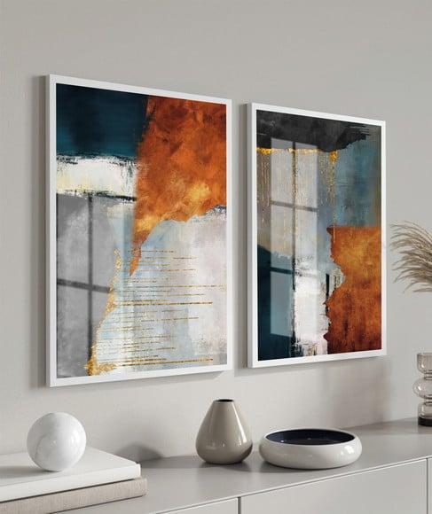 Kit 2 Quadros Decorativos Modernos Abstratos Moldura E Vidro