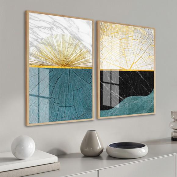 Kit 2 Quadros Decorativos Modernos Azul Gold Moldura E Vidro