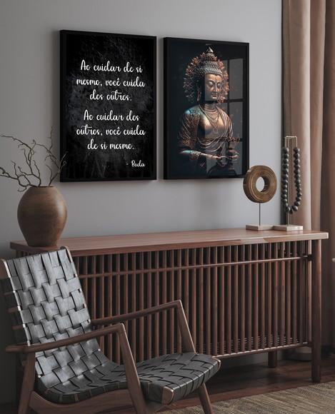 Kit 2 Quadros Decorativos Modernos Buda Frases Moldura Vidro