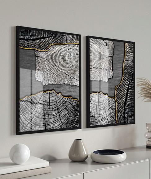 Kit 2 Quadros Decorativos Modernos Cinza com Moldura e Vidro