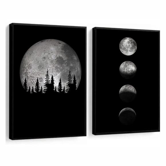 Kit 2 Quadros Decorativos Modernos Fases Da Lua Com Moldura