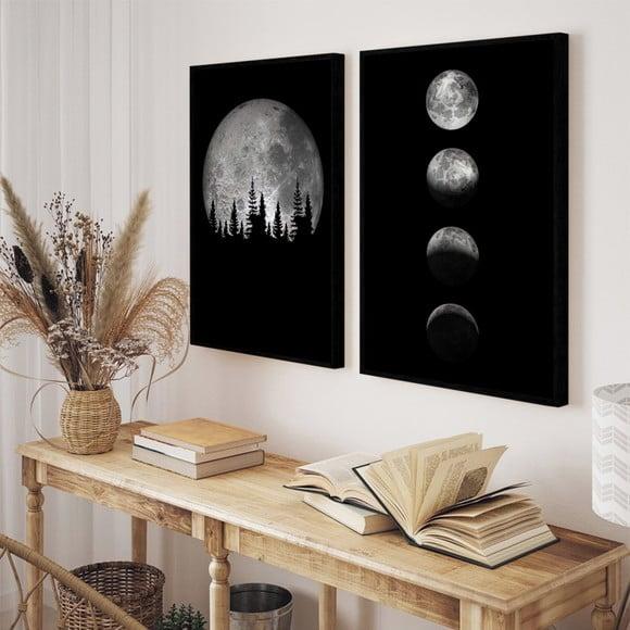 Kit 2 Quadros Decorativos Modernos Fases Da Lua Com Moldura