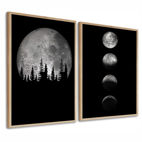 Kit 2 Quadros Decorativos Modernos Fases Da Lua Com Moldura