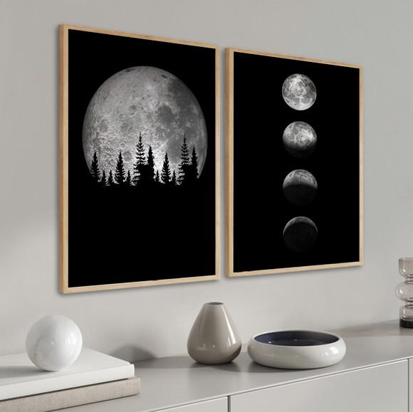 Kit 2 Quadros Decorativos Modernos Fases Da Lua Com Moldura