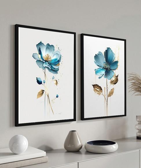 Kit 2 Quadros Decorativos Modernos Flores Azul Gold Moldura