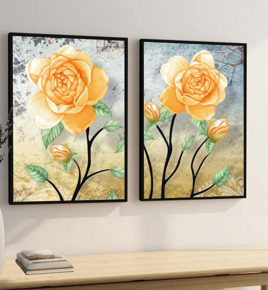 Kit 2 Quadros Decorativos Modernos Flores Amarelas Moldura