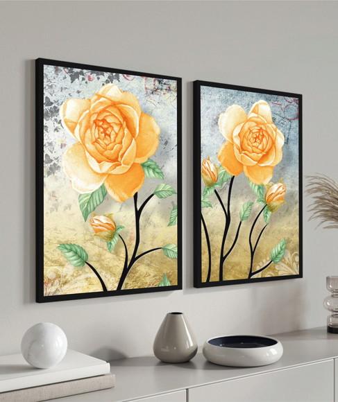 Kit 2 Quadros Decorativos Modernos Flores Amarelas Moldura