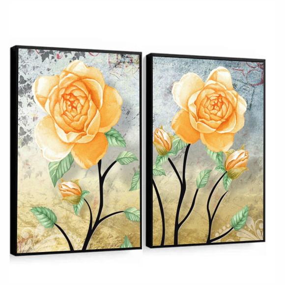 Kit 2 Quadros Decorativos Modernos Flores Amarelas Moldura