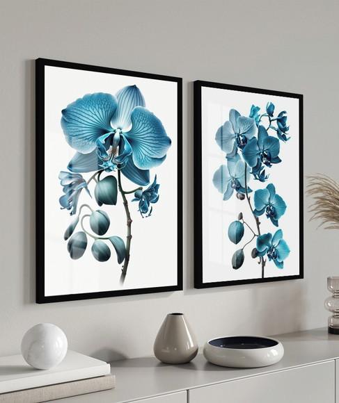 Kit 2 Quadros Decorativos Modernos Flores Azul Moldura Vidro