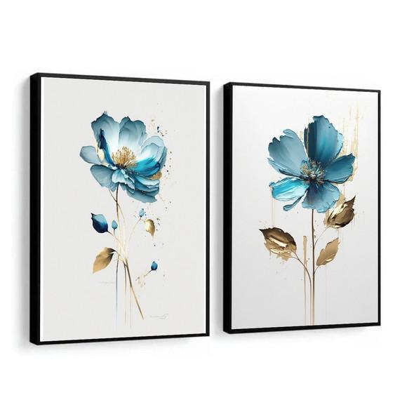Kit 2 Quadros Decorativos Modernos Flores Azul Gold Moldura
