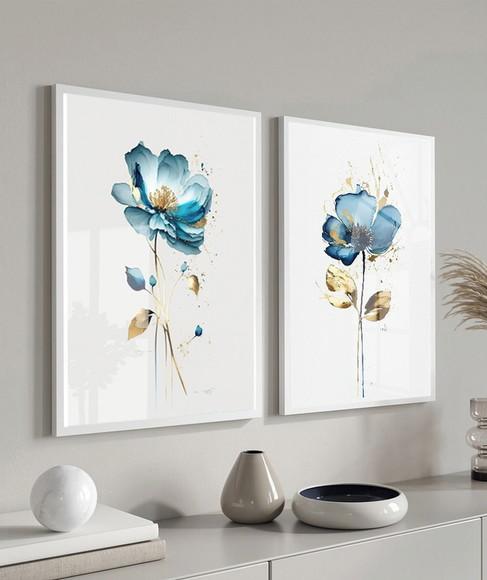 Kit 2 Quadros Decorativos Modernos Flores Azul Moldura Vidro