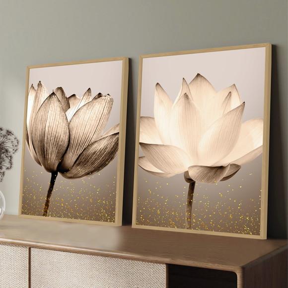 Kit 2 Quadros Decorativos Modernos Flores Bege Gold Moldura