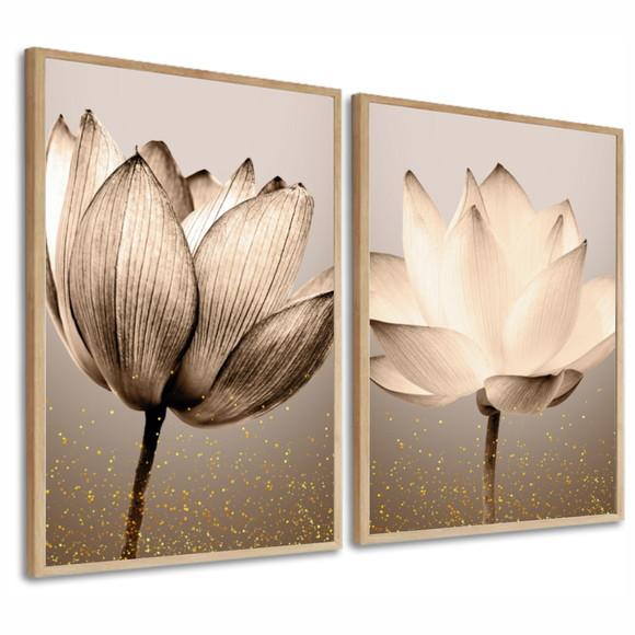 Kit 2 Quadros Decorativos Modernos Flores Bege Gold Moldura
