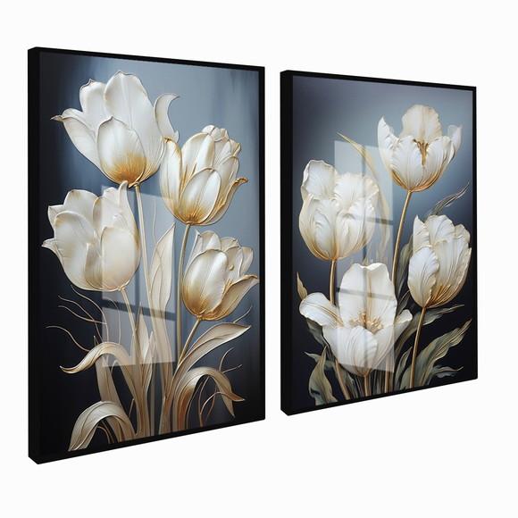 Kit 2 Quadros Decorativos Modernos Flores Brancas Gold Vidro