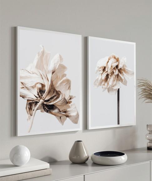 Kit 2 Quadros Decorativos Modernos Flores Brancas Moldura