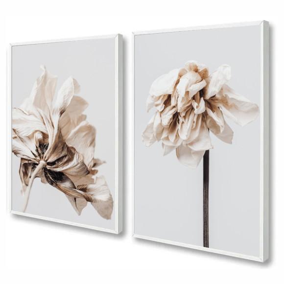 Kit 2 Quadros Decorativos Modernos Flores Brancas Moldura