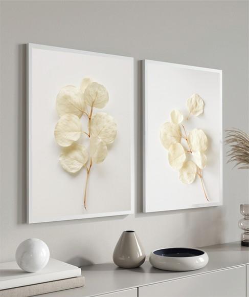 Kit 2 Quadros Decorativos Modernos Flores Brancas Moldura