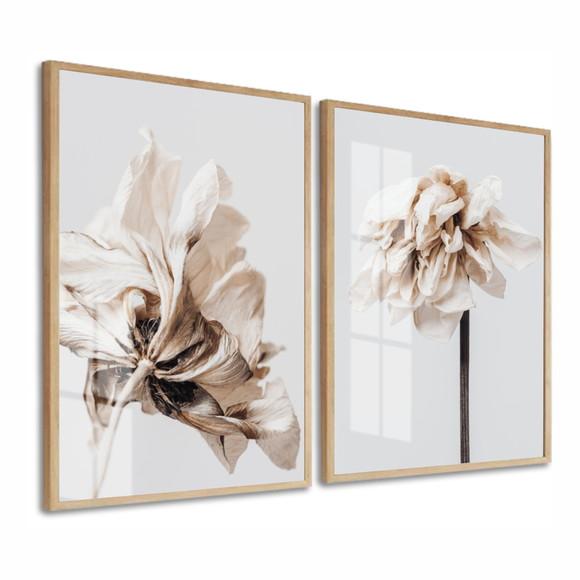 Kit 2 Quadros Decorativos Modernos Flores Moldura E Vidro