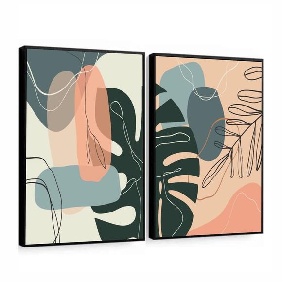 Kit 2 Quadros Decorativos Modernos Folhagem Desenho Moldura