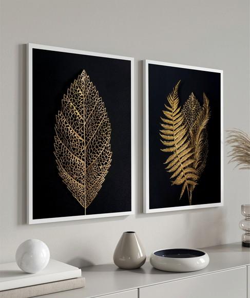 Kit 2 Quadros Decorativos Modernos Folhagem Dourada Moldura
