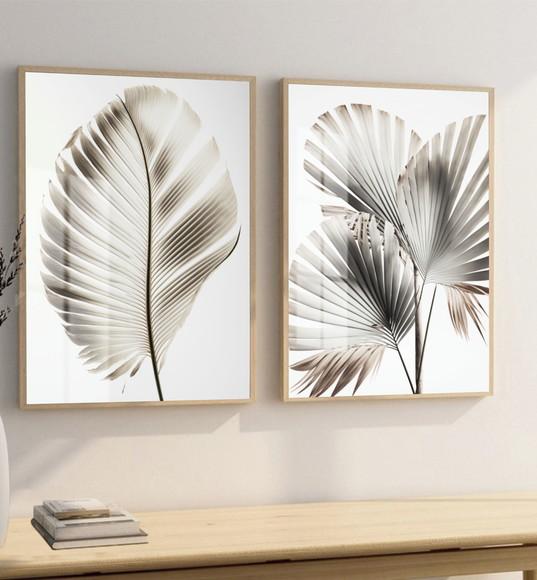 Kit 2 Quadros Decorativos Modernos Folhagem Moldura e Vidro