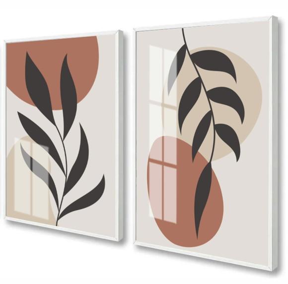 Kit 2 Quadros Decorativos Modernos Folhagem Moldura e Vidro