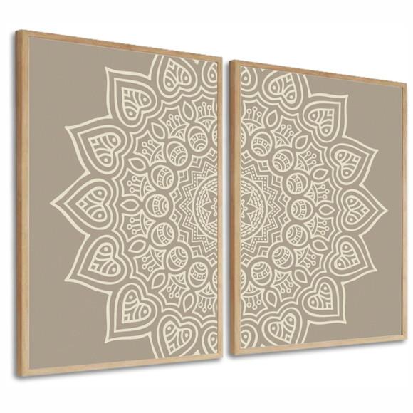 Kit 2 Quadros Decorativos Modernos Mandala Bege Boho Moldura