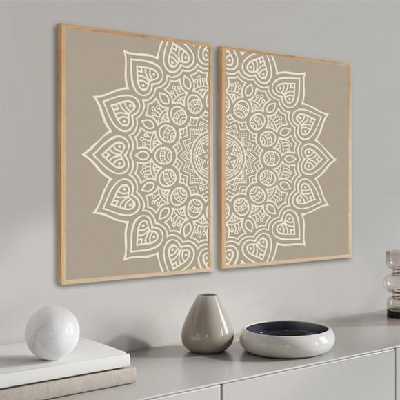 Kit 2 Quadros Decorativos Modernos Mandala Bege Boho Moldura