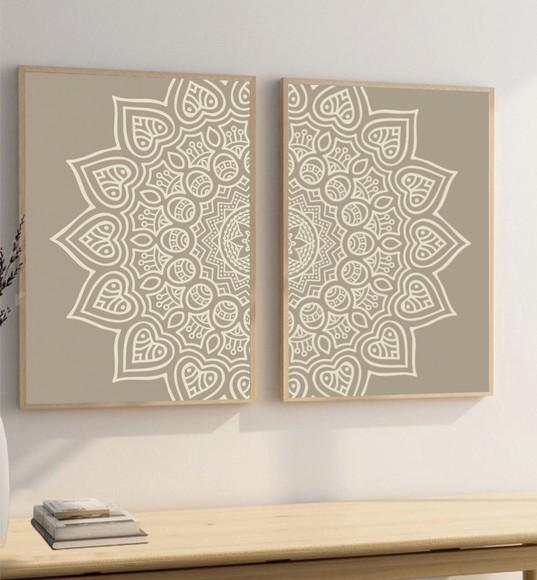 Kit 2 Quadros Decorativos Modernos Mandala Bege Boho Moldura