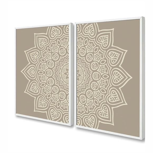 Kit 2 Quadros Decorativos Modernos Mandala Boho Bege Moldura