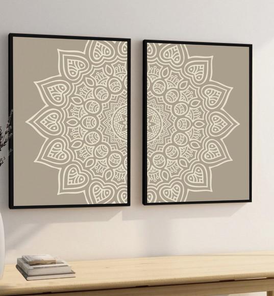 Kit 2 Quadros Decorativos Modernos Mandala Boho Bege Moldura