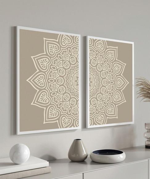 Kit 2 Quadros Decorativos Modernos Mandala Boho Bege Moldura
