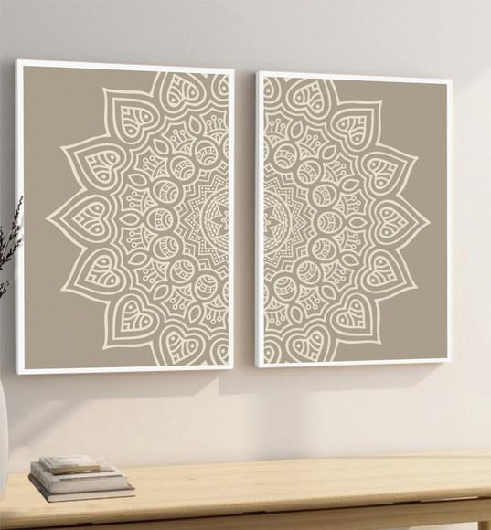 Kit 2 Quadros Decorativos Modernos Mandala Boho Bege Moldura