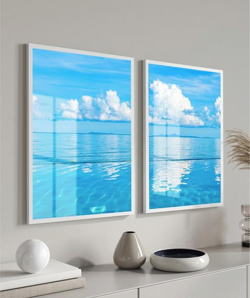 Kit 2 Quadros Decorativos Modernos Mar Azul Moldura e Vidro