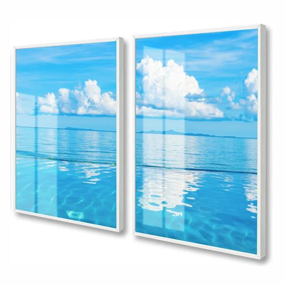 Kit 2 Quadros Decorativos Modernos Mar Azul Moldura e Vidro