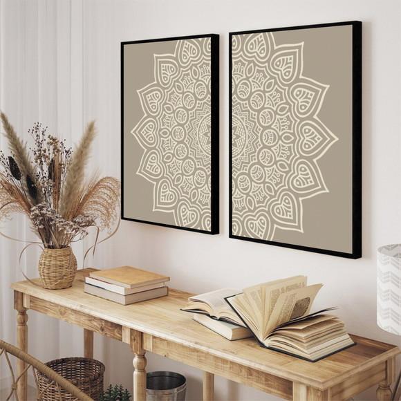 Kit 2 Quadros Decorativos Modernos Mandala Boho Bege Moldura