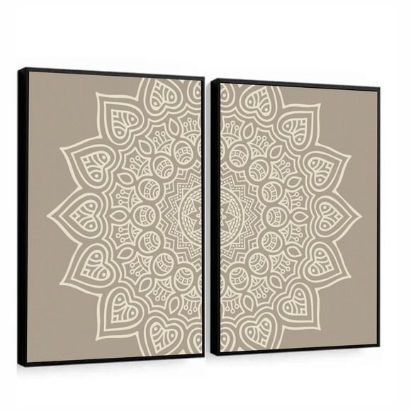 Kit 2 Quadros Decorativos Modernos Mandala Boho Bege Moldura
