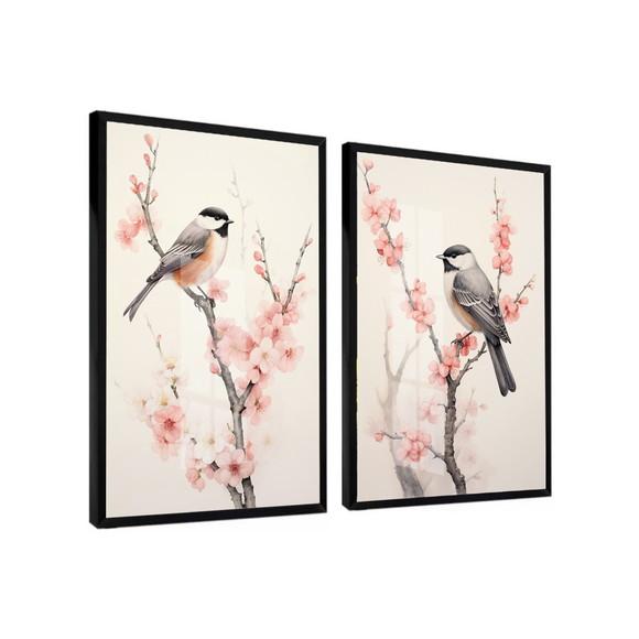 Kit 2 Quadros Decorativos Modernos Pássaros Flores com Vidro