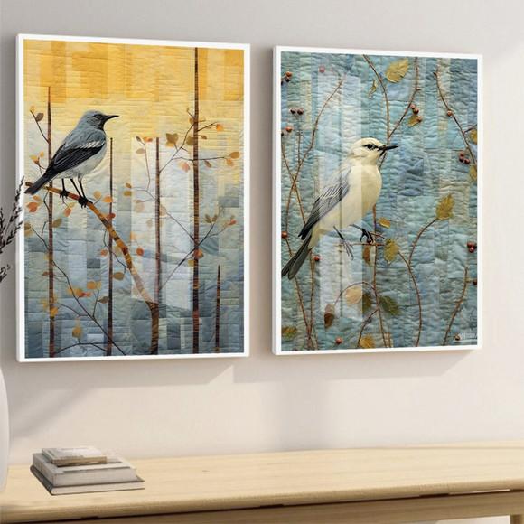 Kit 2 Quadros Decorativos Modernos Pássaros Moldura e Vidro