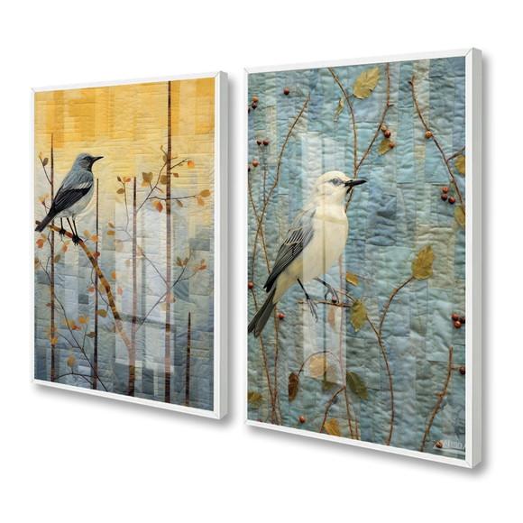 Kit 2 Quadros Decorativos Modernos Pássaros Moldura e Vidro