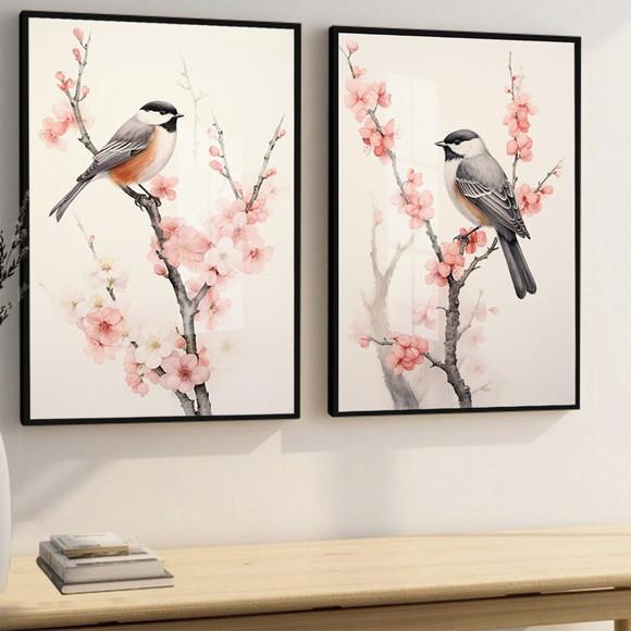 Kit 2 Quadros Decorativos Modernos Pássaros Flores com Vidro