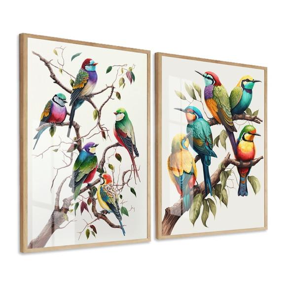Kit 2 Quadros Decorativos Modernos Pássaros Moldura e Vidro