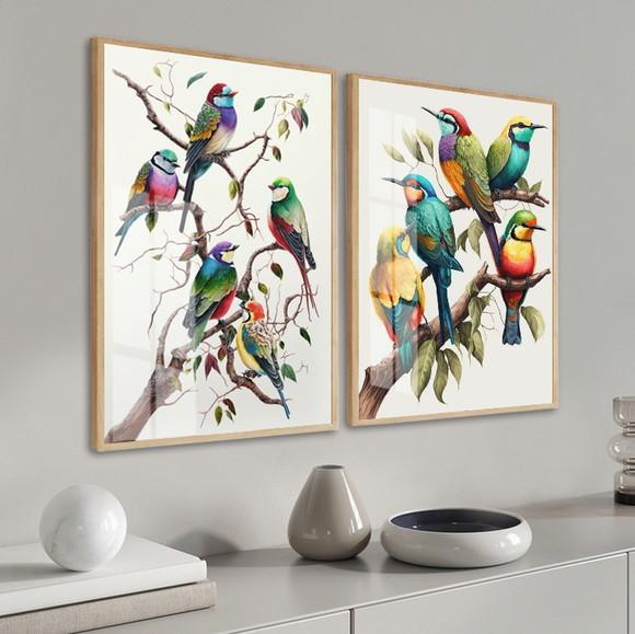 Kit 2 Quadros Decorativos Modernos Pássaros Moldura e Vidro