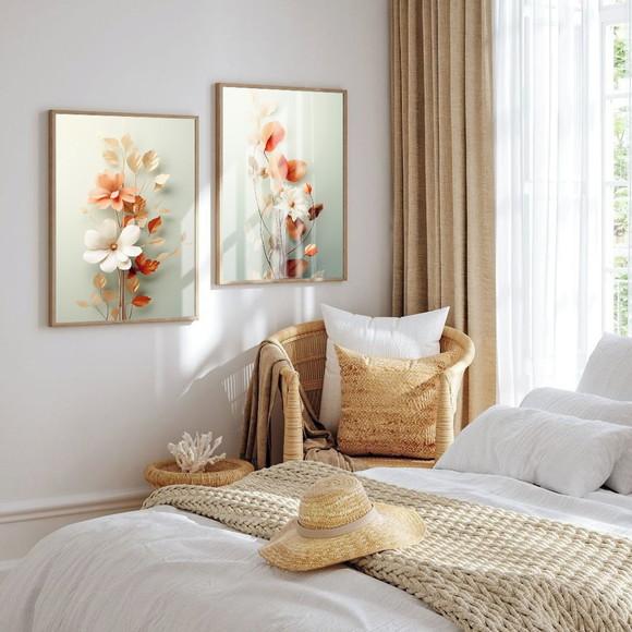 Kit 2 Quadros Decorativos Modernos Sala Flores Moldura Vidro