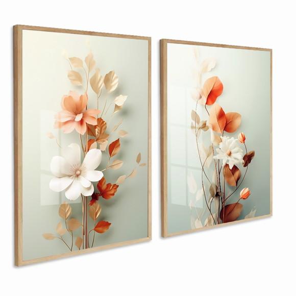 Kit 2 Quadros Decorativos Modernos Sala Flores Moldura Vidro